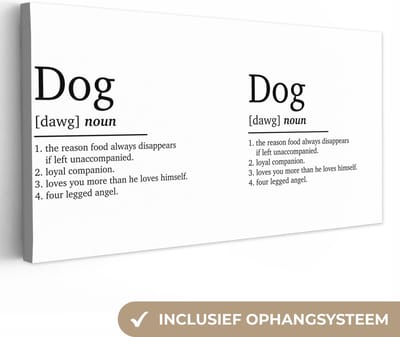 Canvas Schilderij Quotes - Dog - Hond definitie - Spreuken - Woordenboek - 40x20 cm - Wanddecoratie