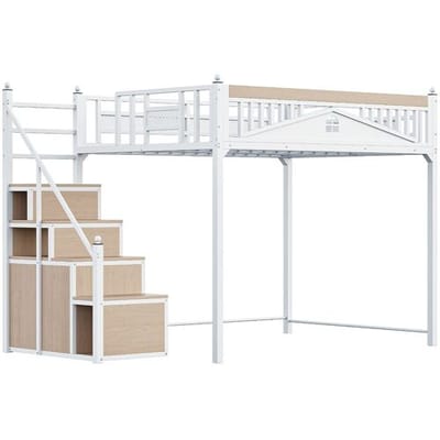 ModernLuxe Metalen hoogslaapbed 140x200 cm - met opbergtrap - Wit (matras niet inbegrepen)