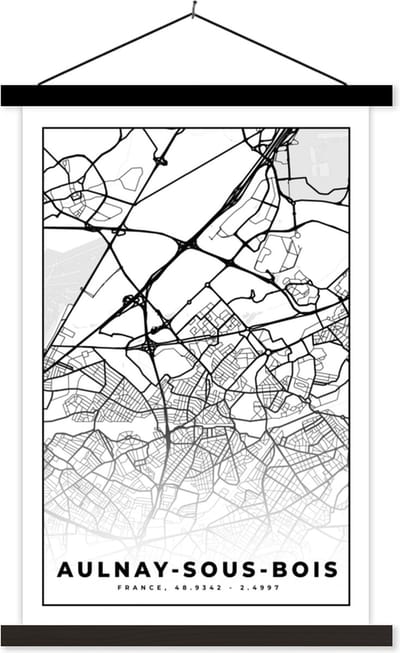 Posterhanger incl. Poster 40x60 cm - Schoolplaat - Frankrijk - Plattegrond - Stadskaart - Aulnay-sous-Bois - Kaart - Zwart wit - Textielposter - Zwarte latten - Stadskaart