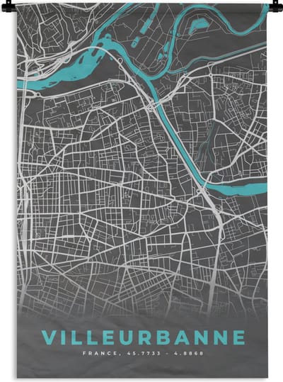 Wandkleed - Wanddoek - Villeurbanne - Stadskaart - Kaart - Plattegrond - Frankrijk - 120x180 cm - Wandtapijt
