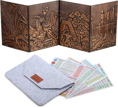 3D Faux-Leather DM Screen met Gegraveerd Draak, Vier Panelen en Opbergvakken voor D&D Tafelspel, Perfect als Cadeau voor Rollenspel Enthousiastelingen