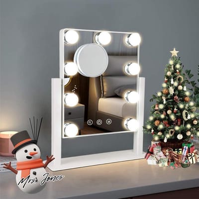 Mrs. Jones Hollywood Make-up spiegel draaiende spiegel 3 kleuren lichtconversie 9 dimbare ledlampjes - witte cosmetische spiegel voor kaptafel badkamer .