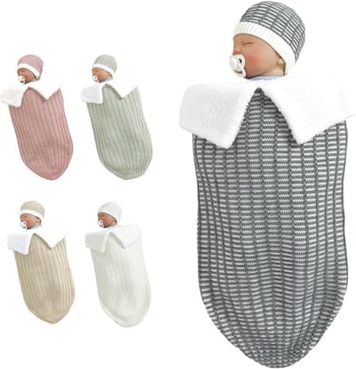 Allecto Plus - Wikkeldeken voor pasgeboren baby's | Fleece slaapzak voor kinderwagen | Warme wikkeldoek | Pluche gebreide slaapzak met muts | Geschikt voor jongens en meisjes | 0-6 maanden