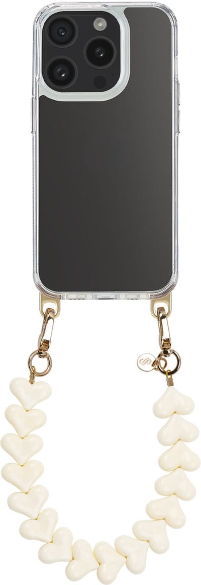 Selencia Transparant Hoesje met Haakjes inclusief Hartjes Polskoord - Geschikt voor Apple iPhone 15 Pro - Beige