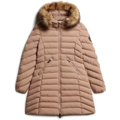 Superdry - Halflange Fuji-pufferjas met capuchon met imitatiebont - Dames - Gewatteerde jassen