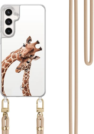 Telefoonhoesje met koord geschikt voor Samsung S24 FE - Giraffen - Inclusief Beige koord - Transparant, Bruin - Print - Crossbody beschermhoes - Met Telefoonketting