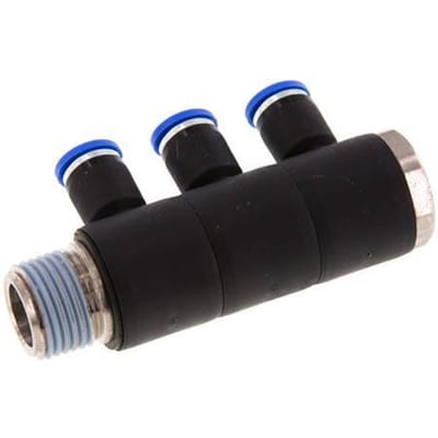 8mm x R1/2'' 3-way Manifold Messing/PA 66 Insteekfitting Buitendraad Draaibaar NBR
