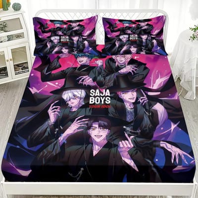 Saja Jongens Team Hoeslaken DemonHunters Print kernloos Hoeslakenset Multi Maat Zachte Sprei Slaapkamer Beddengoed Decoratie 90x200x30cm-2pcs