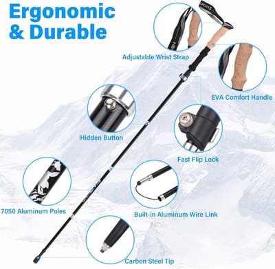 Wandelstokken, opvouwbaar, 7075, aluminium, verstelbaar, telescopisch, 115-135 cm, met Quick Flip Lock, EVA-handgreep en 8 paar rubberen buffers voor trekking, bergsport