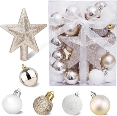 Set van 30 Mini Kerstballen met Hangers, 3 cm, Kleine Decoratieve Ballen in Goud en Wit, Perfect voor Tafelversiering en Kerstboomdecoratie