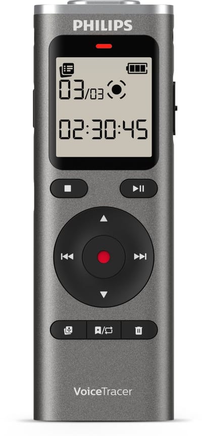 Philips DVT1170 Voice recorder - 360° microfoon - PCM (WAV) - Spraakgestuurde opname - Groot LCD display - MicroSD-kaartslot - 8 GB - USB-C - Antraciet