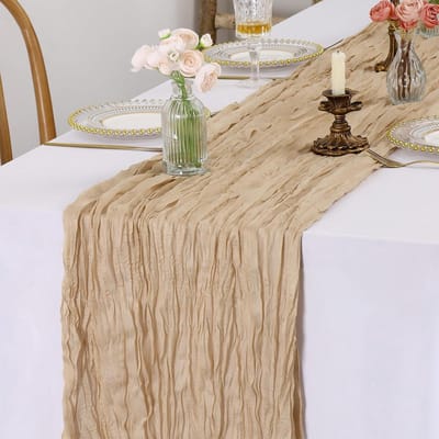 kaasdoek tafelloper Beige Boho gaas-stof tafelloper Rustieke bruiloft tafelkleed 183 cm lang loper voor bruiloft bruidsfeest babyparty verjaardagsfeest taart tafeldecoratie (90x180cm)