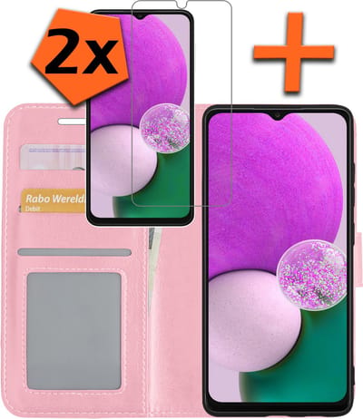 Hoes - Met 2x Screenprotector - Geschikt voor Samsung Galaxy A13 5G - Luxe Pasjeshouder - Bookcase Portemonee - Flip Case - Kunstleer Book Case - Flipcase Hoes - Book Cover - Walletcase - PortemonneeHoes - Lichtroze