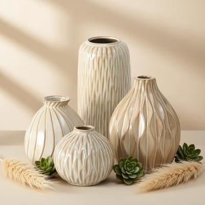 Vaas Zalina 4-delig - Keramische bloemenvaas voor droogbloemen en pampasgras, hoogte 9-19 cm - crème wit