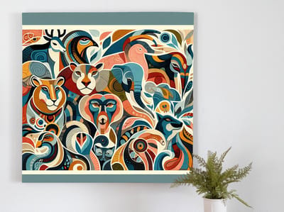 Modern dieren schilderij | Abstracte Fauna in Hedendaags Technicolor: Een Dierenkunstmeesterwerk | Kunst - 20x20 centimeter op Dibond | Foto op Dibond