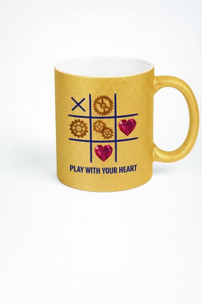 Gouden Glitter Mok met 'Play with your Heart' Design - Steampunk Tandwielen & Harten - Uniek Cadeau