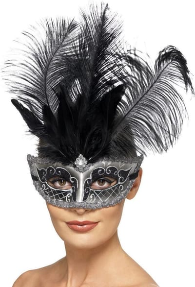 SMIFFY'S - Grijs en zwart Venetiaans masker met veren voor volwassenen