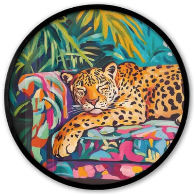 Poster in lijst Rond - Fotolijst 40x40 cm - Posters - Luipaard - Kleurrijk - Tropisch - Ronde posterlijst zwart - Decoratie - Wanddecoratie woonkamer - Muurdecoratie slaapkamer