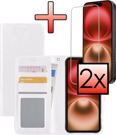 Hoesje - Met 2x Screenprotector - Geschikt voor Apple iPhone 16 - Luxe Pasjeshouder - Bookcase Portemonee - Flip Case - Kunstleer Book Case - Flipcase Hoes - Book Cover - Walletcase - Portemonneehoes - Wit