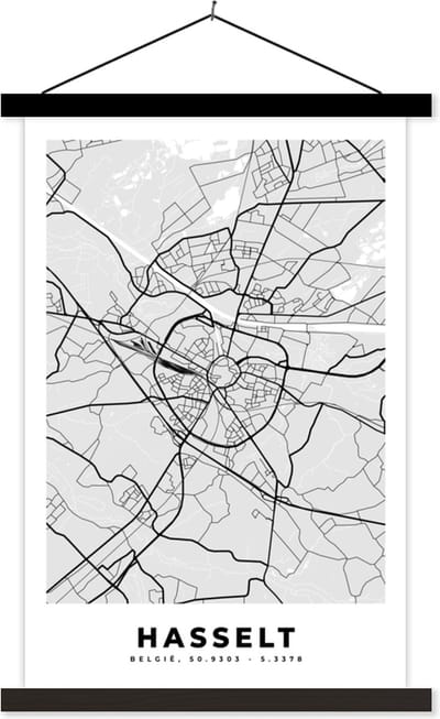 Posterhanger incl. Poster 40x60 cm - Schoolplaat - Plattegrond – Hasselt – Zwart Wit – Stadskaart - Kaart - Textielposter - Zwarte latten - Stadskaart