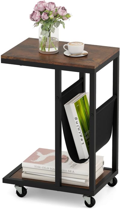 COSTWAY Bijzettafel met wieltjes, banktafel, C-vorm, koffietafel met opbergzak, woonkamertafel met metalen frame, voor koffie en laptop, industrieel design