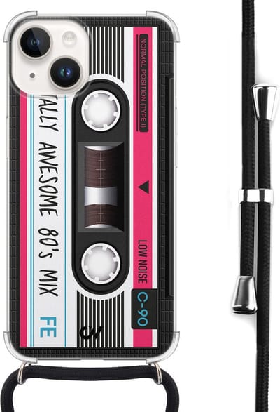 Casevibes - Telefoonhoesje met koord - Geschikt voor Apple iPhone 14 - Cassette - Grijs -