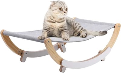 Kattenhangmat met Houten Frame – Afneembare Schommelstoel & Wieg – Verhoogd Slaapbed voor Katten & Puppy’s – Indoor & Outdoor – Draagbaar & Ademend