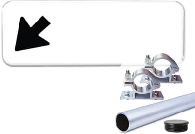Bord pijl beneden links - Weerbestendig Aluminium - 40x15 cm - Bevestiging: Met paal 120 cm + paalbeugels + paaldop