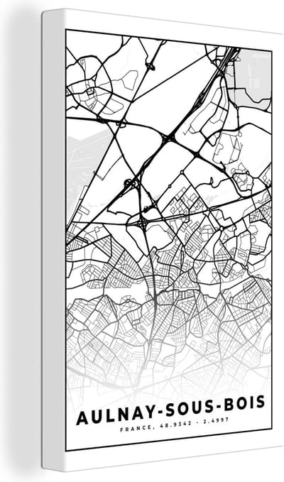 Canvas Schilderij Frankrijk - Plattegrond - Stadskaart - Aulnay-sous-Bois - Kaart - Zwart wit - 20x30 cm - Wanddecoratie