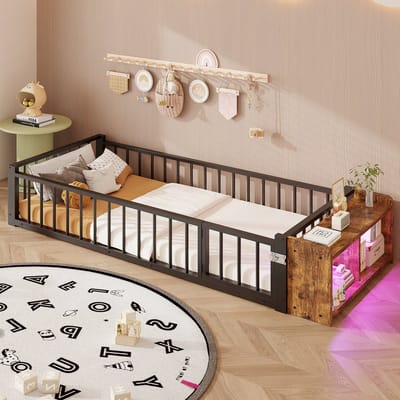 DESMIU Metalen Bed 90 X 200 Cm Zonder Matras Kinderbed Met Beschermhekje En Open Opbergruimte Voor Kinderkamer Moderne Stijl Zwart