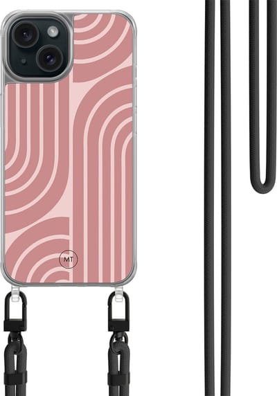 Hoesje met koord geschikt voor iPhone 15 - Blush shapes - Inclusief zwart koord - Crossbody beschermhoes - Transparant, Roze - Mooie Telefoonhoesjes