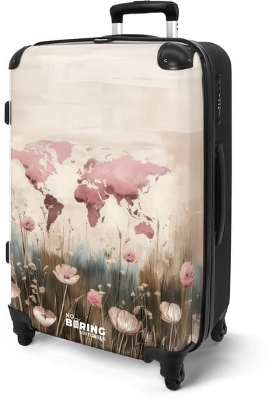 NoBoringSuitcases.com® - Koffer groot - Rolkoffer lichtgewicht dames - Wereldkaart - Roze - Bloemen - Reiskoffer met 4 wielen - Valies grote trolley XL op wieltjes - Harde reistrolley met TSA slot - 20 kg bagage - Reizen