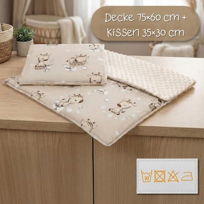 SnelShoppen - Babydeken Knuffeldeken Set 75x60 cm Winterdeken + Kussen 35x30 cm Minky Dubbelzijdig Fleece Katoen Warm Zacht Donzig voor Kinderen Newbo