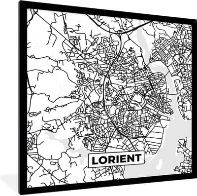 Fotolijst incl. Poster Zwart Wit- Frankrijk - Plattegrond - Stadskaart - Lorient - Kaart - Zwart wit - 40x40 cm - Posterlijst
