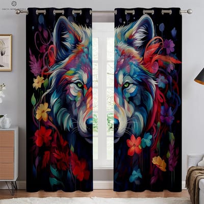 Warmte-isolerende Verduisterende Gordijnen, Dier Wolf, Sterrenhemel Print, Slaapkamer, Familiekamer, Keukenruimte Decoratie W100xH130(CM) folio&Grommet Top
