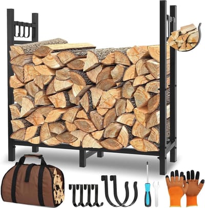 Brandhoutrek - Houtopslag - Buitenhaard - Met aanmaakhaken - 32 inch hoog - Zwart