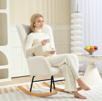 Schommelstoel - Relaxfauteuil Met Armleuningen - Zacht Teddy Design Met Houten Kufen - Voor Woonkamer En Slaapkamer - Cremewit