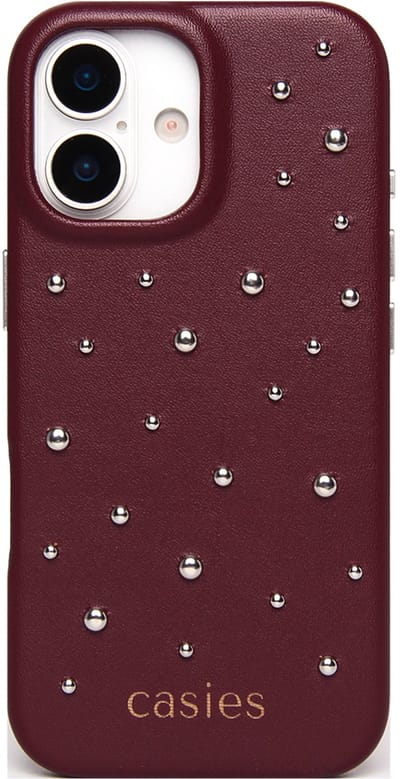 Casies studs hoesje geschikt voor iPhone 13 - Burgundy red - Vegan leer - Bordeaux rood telefoonhoesje