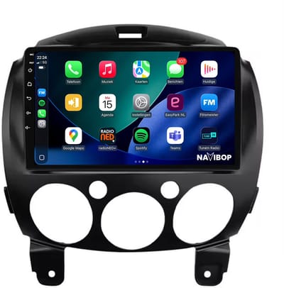 Geschikt voor Mazda 2 (2007 t/m 2014) | 9 inch Android 15.0 CarPlay autoradio | Draadloos CarPlay & Android Auto | 2GB RAM + 32GB | Mic, Camera (AHD) & DAB+ | Bluetooth & WiFi | NAVIBOP NB-1770 | Bouwjaar 2007 t/m 2014