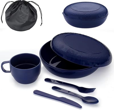 Camping Mess Kit met Kom, Bord, Beker, Lepel, Vork, Mes en Draagtas - Herbruikbare Campingaccessoires, Lichtgewicht en Compact voor Gemakkelijk Transport in Rugzak