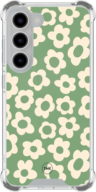 Shockproof hoesje geschikt voor Samsung Galaxy S23 - Retro cute flowers - Schokbestendig - Verhoogde randen - TPU case - Extra Sterke Back Cover - Bloemen - Transparant, Groen