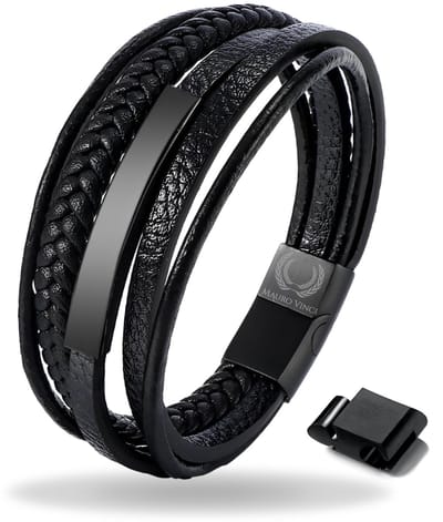 Armband heren leer zwart – verstelbaar 21,5–23 cm – magnetische sluiting – luxe leren armband – cadeau voor mannen - Mauro Vinci®