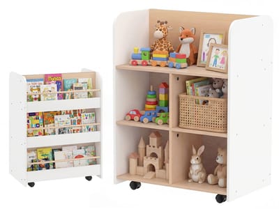 KOMFOTTEU Kinderboekenkast, Dubbelzijdige kinderboekenkast met 5 open vakken en 3 planken, Kinderboekenkast op wielen, Speelgoedkast voor kinderkamer en speelkamer, 62,5 x 40 x 83 cm