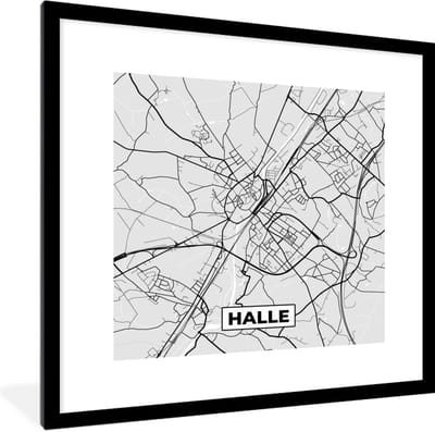 Fotolijst incl. Poster Zwart Wit- Zwart Wit – België – Plattegrond – Stadskaart – Kaart – Halle - 40x40 cm - Posterlijst