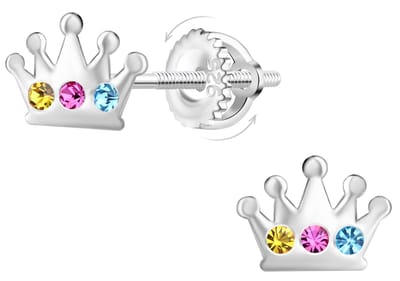 Joy|S - Zilveren kroon oorbellen - 8 x 6 mm - geel roze blauw kristal - kroontje oorknoppen - screwback / schroef sluiting - sterling zilver 925