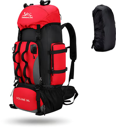 CarryQuest® 90L Hiking Backpack - Waterdichte Trekking Rugzak met Regenhoes, Heupgordel & Rugventilatie - Rood