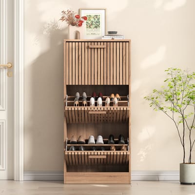 Moderne houten schoenenkast,Schoenenkast Smal Schoenenkast 3 Klapdeuren Grote Plankbreedte 60 x 24 x 113 cm Houtkleur Look Schoenenkast voor gangen en smalle entrees - Houten Kleur