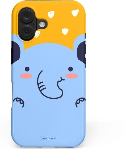 Casetastic hoesje geschikt voor Apple iPhone 16 - MagSafe - Dubbellaagse bescherming - Knuffel van olifant - Fashion Case - Lichtblauw Okergeel