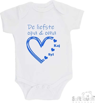 100% katoenen Romper "De liefste opa & oma met de namen van 2 kleinkinderen" Jongens Katoen Wit/blauw Maat 62/68