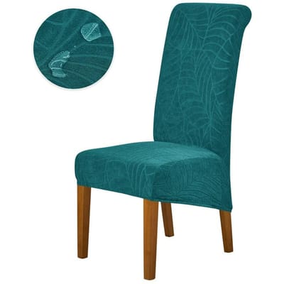 1 STuks Elastische Eetkamerstoelhoes Bladeren Jacquard Stretch Stoelhoezen Lange Rug Effen Kleur Stoelhoezen Banket Home Decor blue
